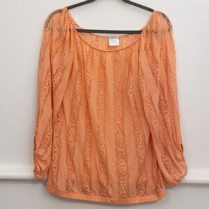 Poof! Sheer Coral Lace Top L Large Long Sleeve Off Shoulder Boho Blouse